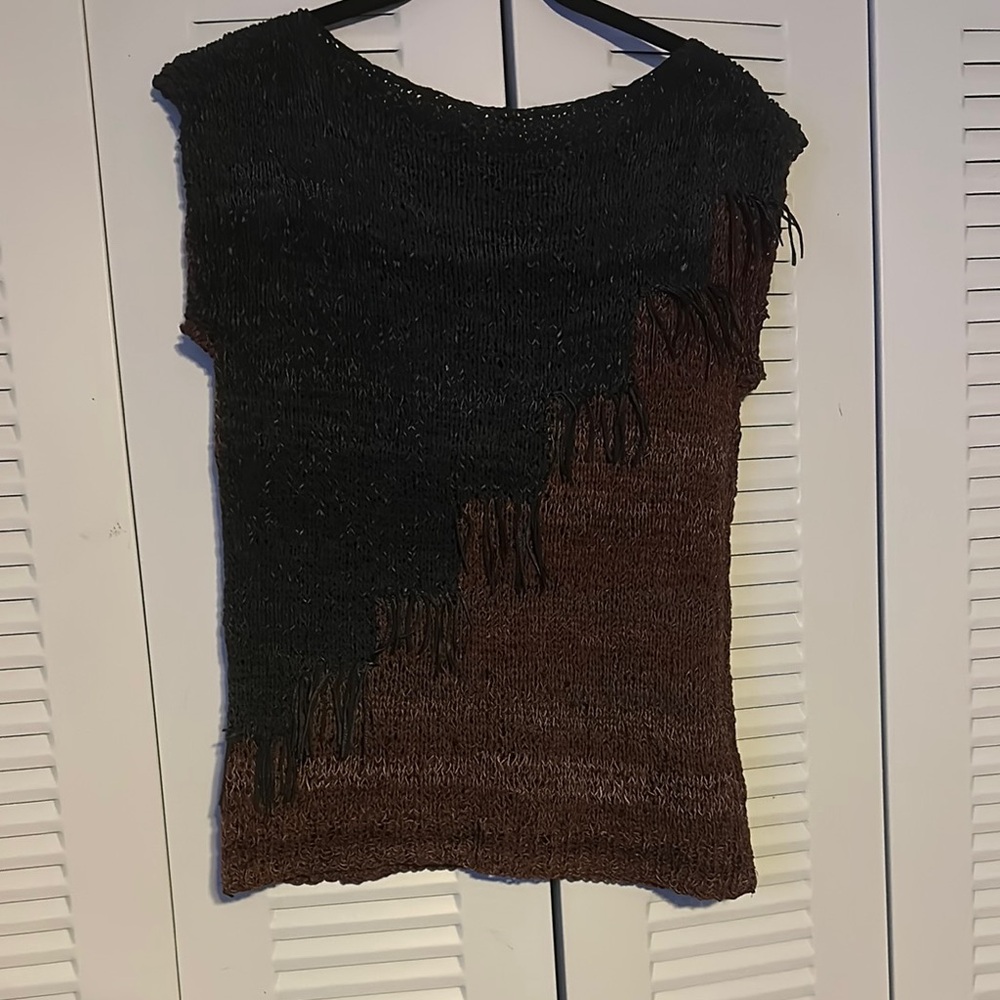 Chic Black and Brown Leather Knit Top with Fringe